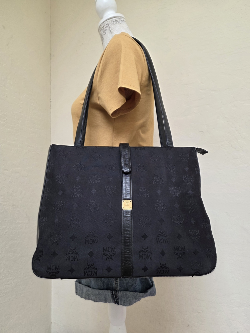 MCM Black Nylon Monogram Vintage Shoulder Bag AUTHENTIC